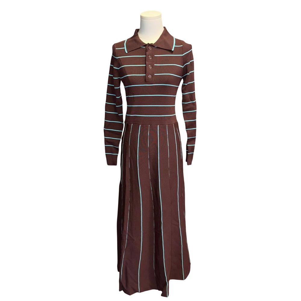 Siempre x Anthropologie Brown Striped Knit Polo Midi Dress Pleated Skirt Small